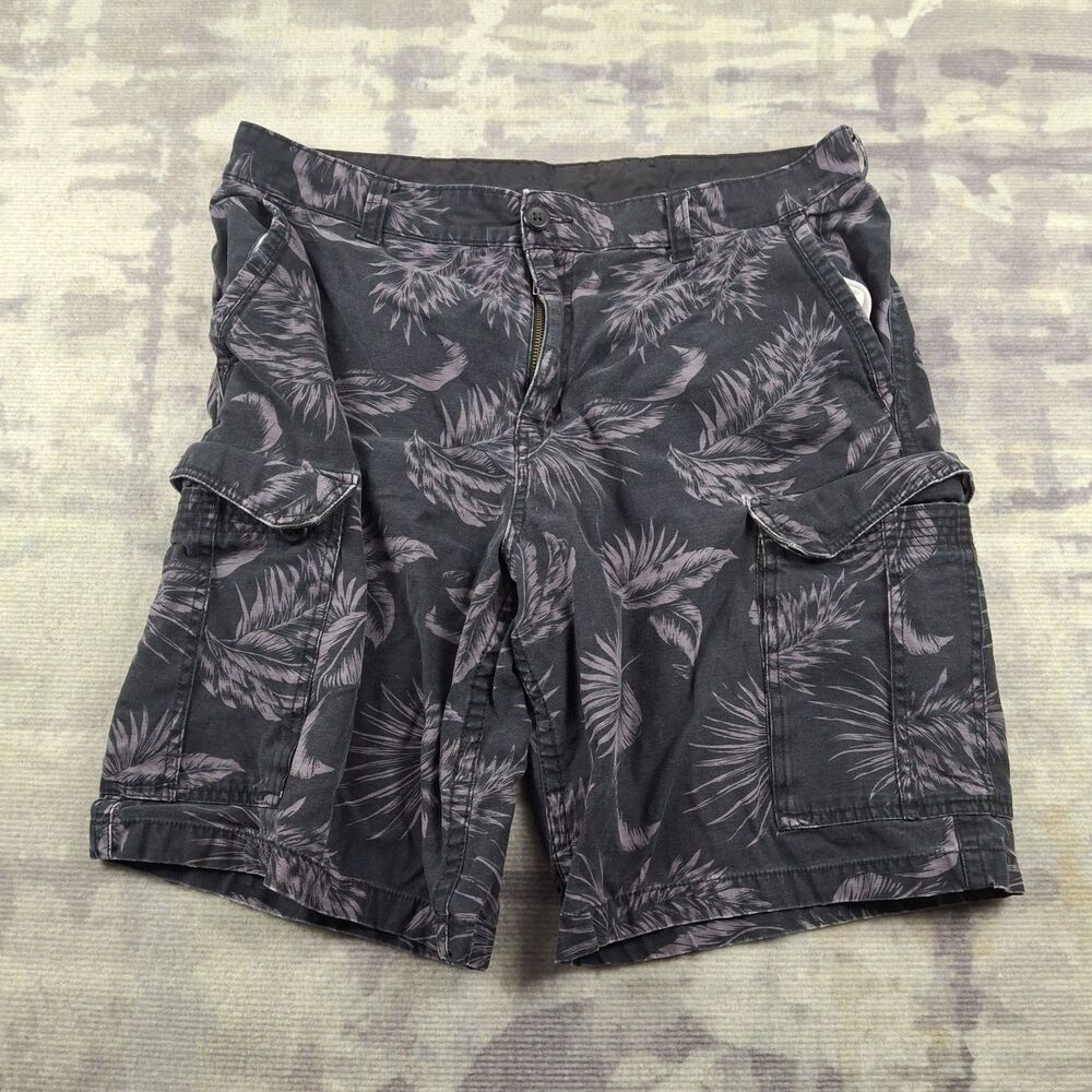 Faded Glory Cargo Shorts Mens 38 Black Gray Palm Leaf Tropical Print Cotton AOP